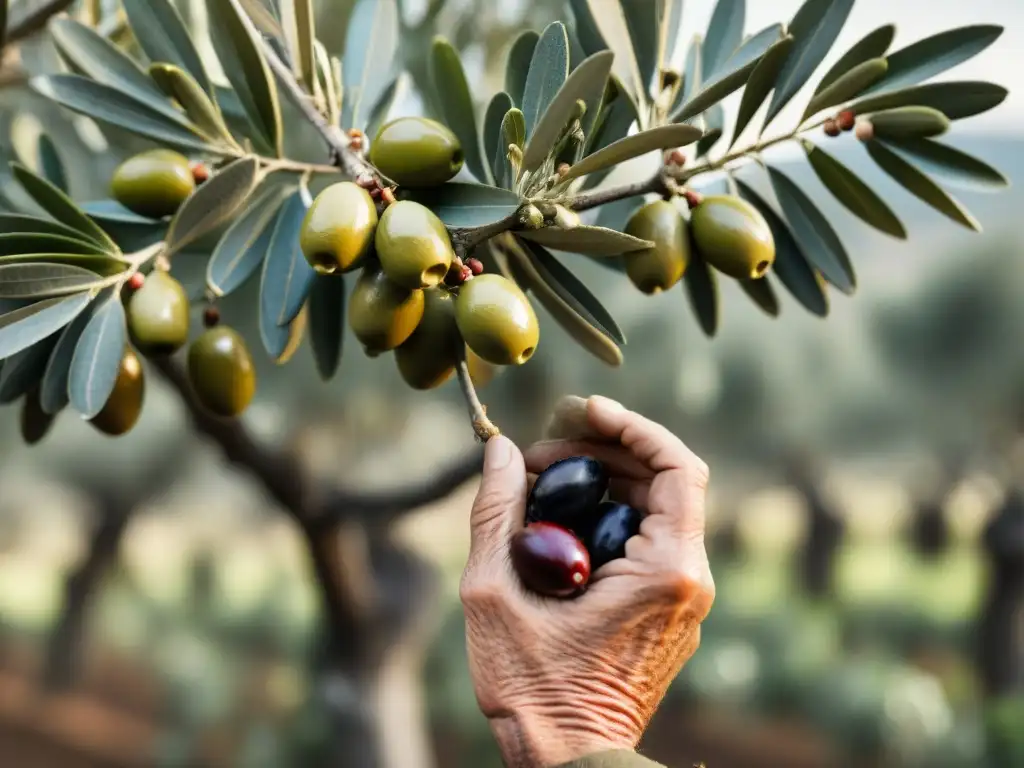 Un campesino italiano recoge con cuidado aceitunas de un antiguo olivo, en medio de un paisaje tradicional