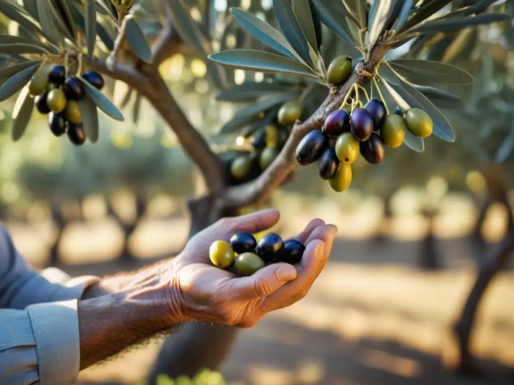 Un campesino italiano recolecta con delicadeza aceitunas maduras en un olivo centenario en un campo soleado del sur de Italia