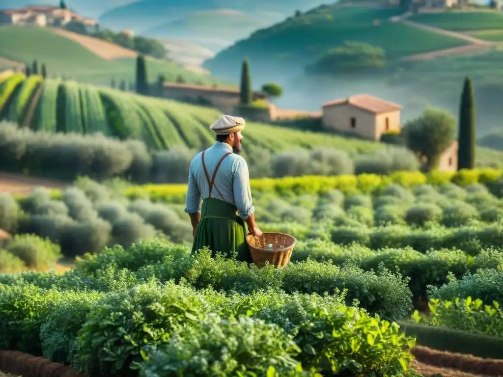 Un campesino italiano cosecha con destreza hojas de ajedrea en un escenario rural