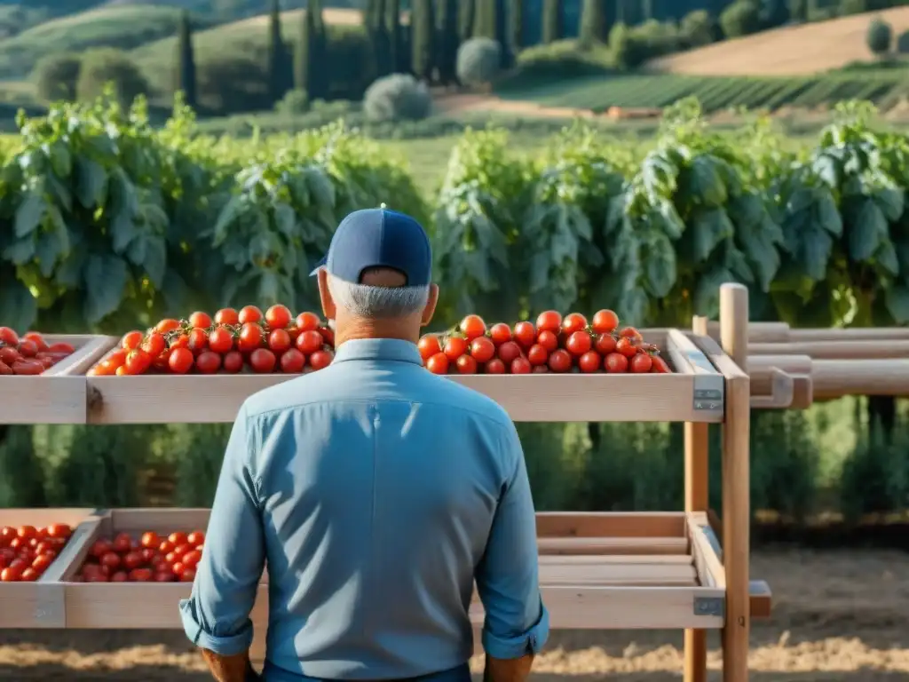 Campesino italiano secando tomates para cocina italiana bajo el sol mediterráneo