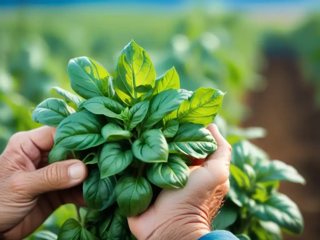 Un campesino siciliano recolecta con cuidado hojas de albahaca para el Pesto Trapani versión siciliana en un campo soleado de Trapani