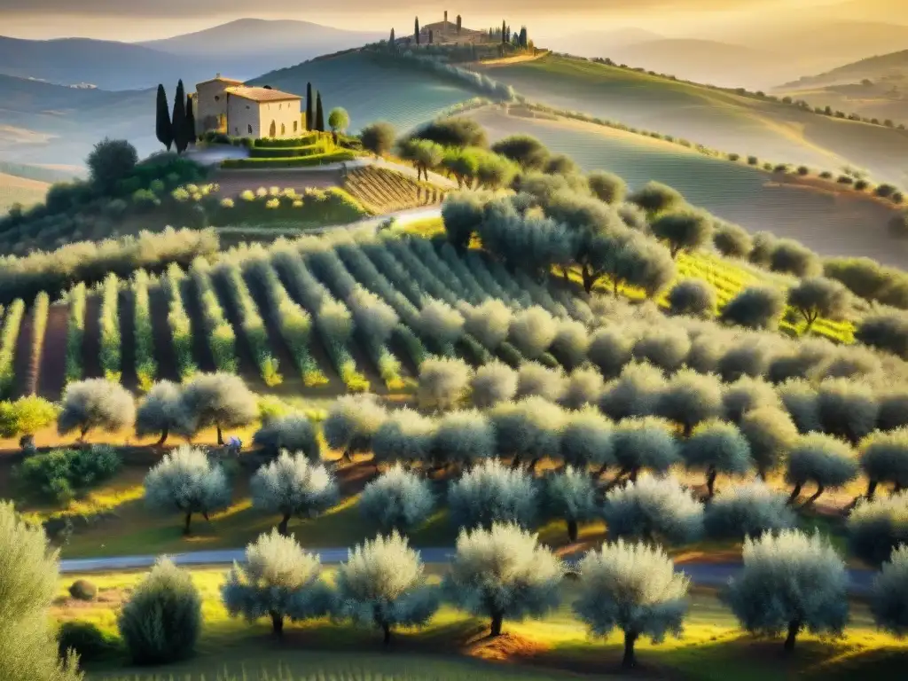 Campesinos italianos recolectando aceitunas al atardecer en Toscana