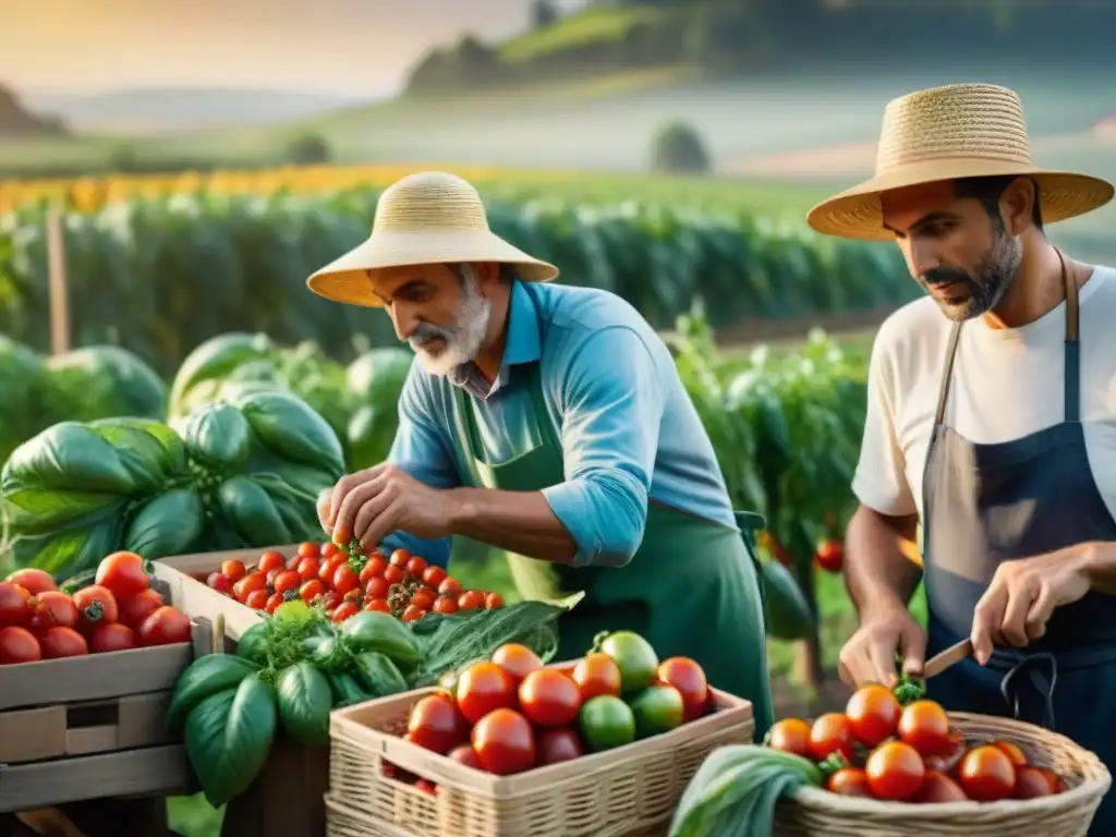 Campesinos italianos seleccionan tomates maduros en granja al atardecer, reflejando tradición culinaria italiana ingredientes