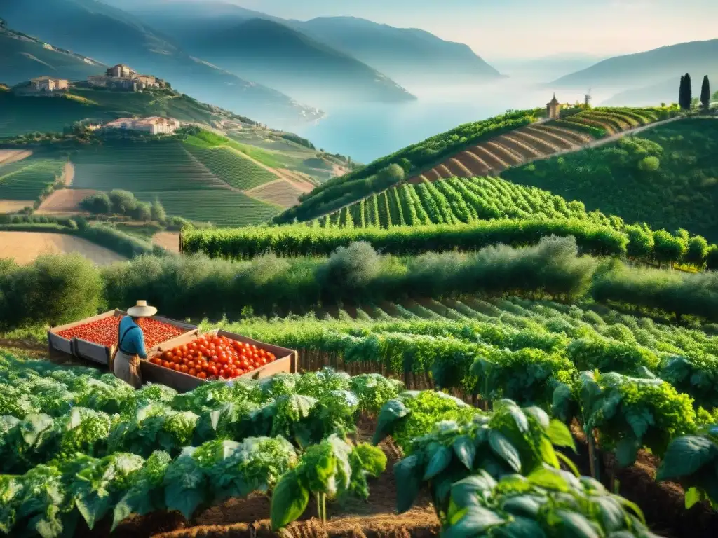 Campesinos italianos cosechando tomates bajo el sol mediterráneo, con colinas verdes y un pueblo al fondo