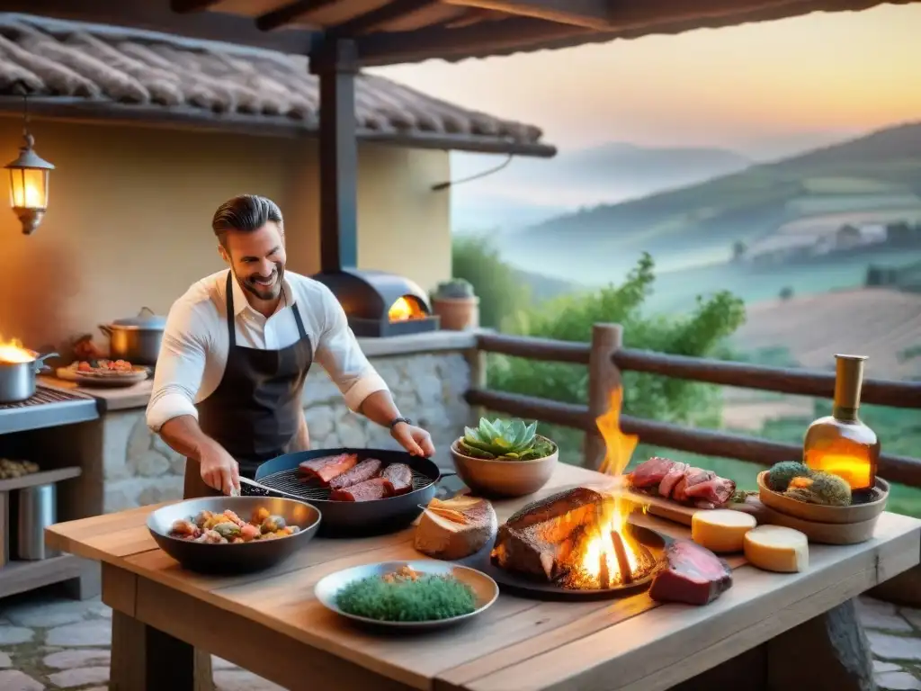 En la campiña italiana, un asado de carnes se prepara en un horno de leña