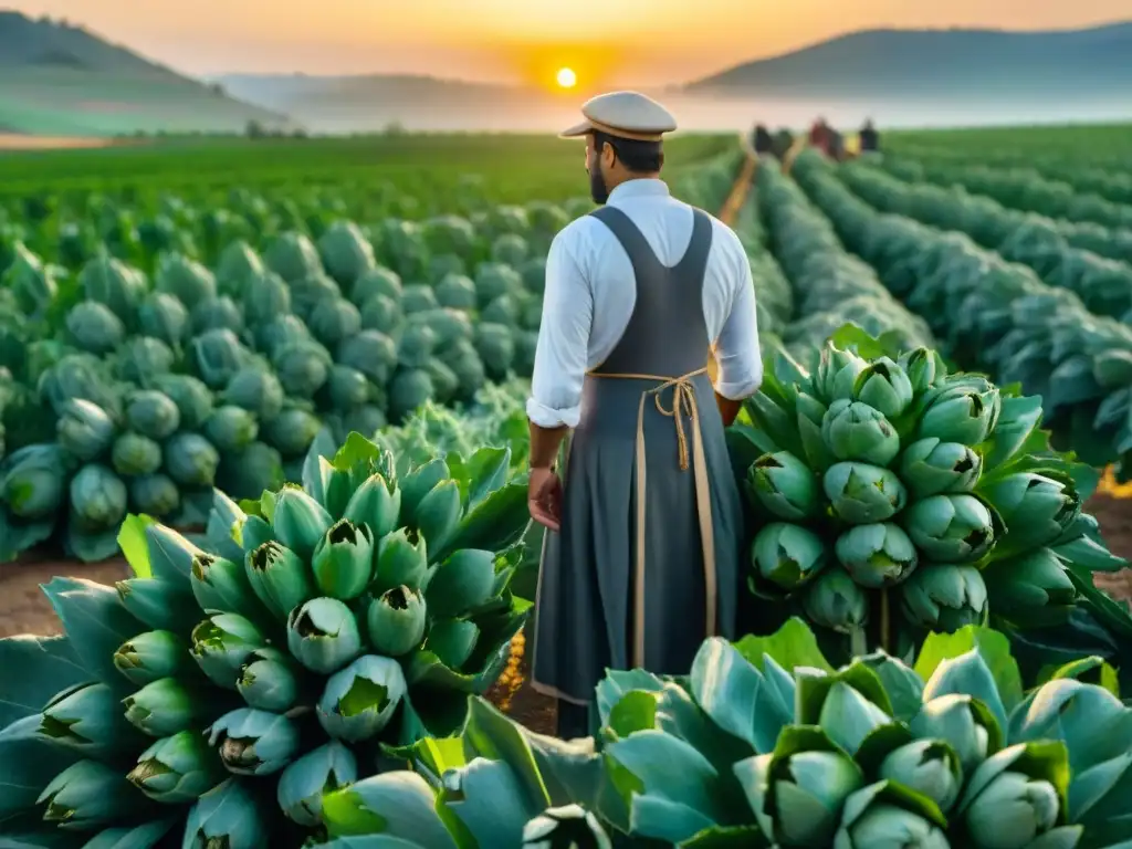 Un campo de alcachofas en la campiña italiana, agricultores cosechando alcachofas a la romana bajo el sol dorado