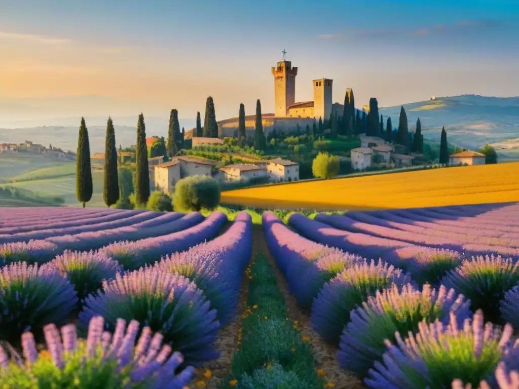 Campo de azafrán en San Gimignano con torres medievales al fondo, bajo el sol dorado