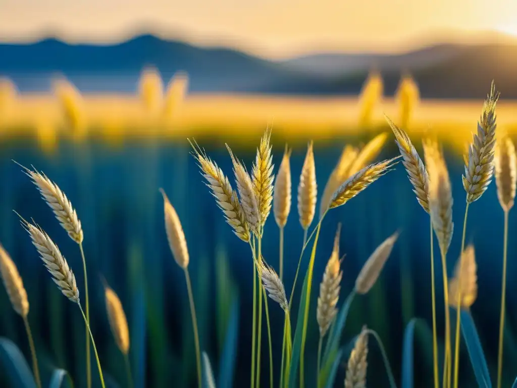 Un campo dorado de cebada bajo un cielo azul claro, cada grano brilla en el sol, mostrando la belleza natural y abundancia de la cebada perlada