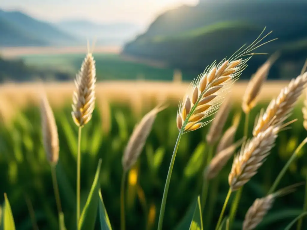 Campo de espelta italiana en dietas saludables, con plantas vibrantes bajo la cálida luz dorada del campo