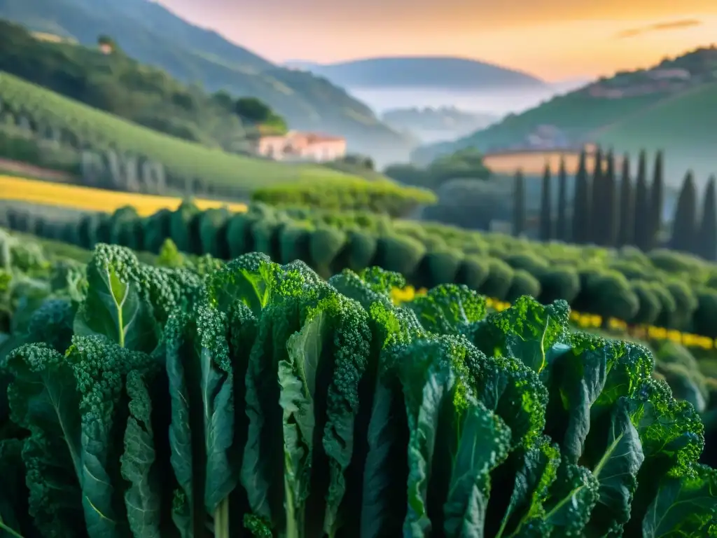 Un campo de kale exuberante en Italia al atardecer dorado, con hojas verdes brillantes y beneficios del kale en Italia