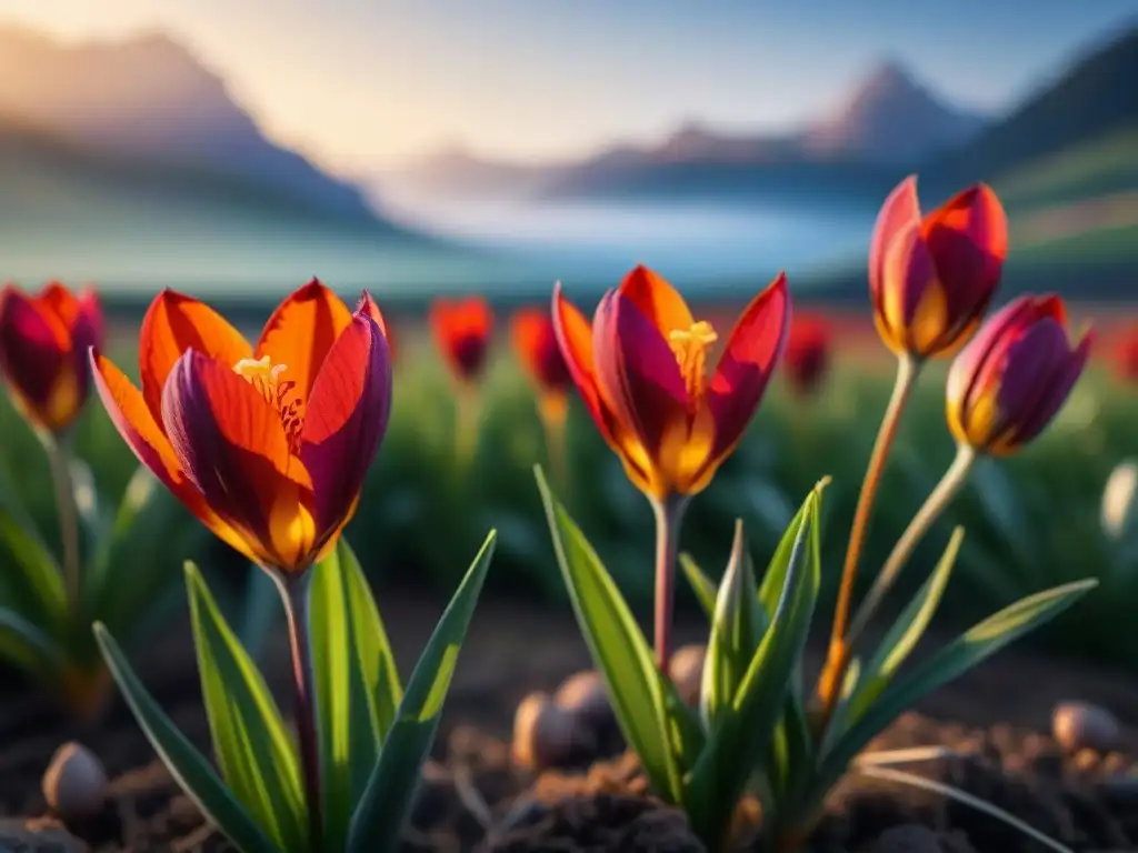 Campo soleado con flores rojas de azafrán italiano brillando con rocío, mostrando la belleza y beneficios del azafrán italiano