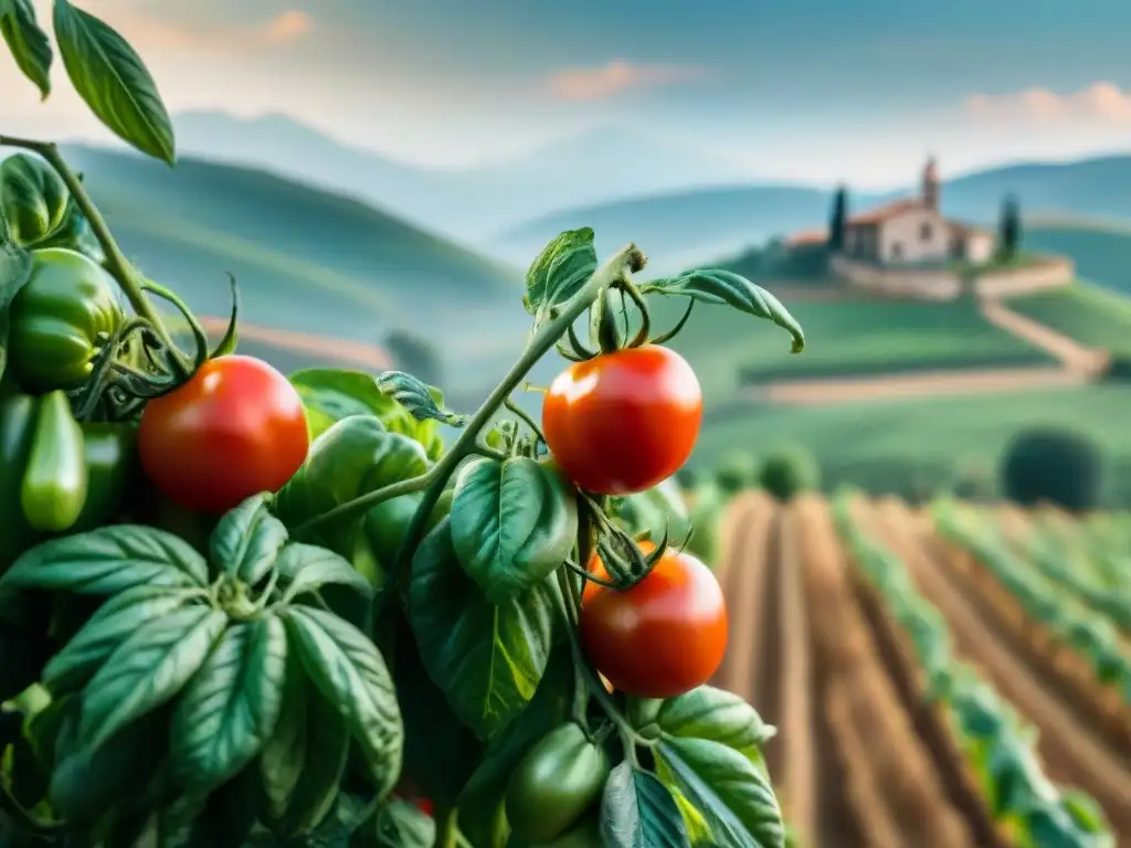 Un campo de tomates San Marzano bañado por el sol en Italia, revelando secretos saludables tomate San Marzano