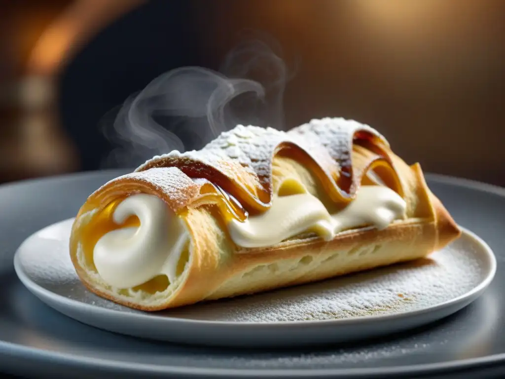 Un cannoli siciliano siendo rellenado con crema de ricotta, en una pastelería italiana con 'Postres italianos tendencia mundial'