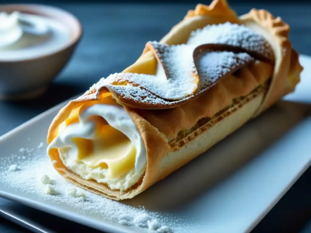 Un cannoli siciliano siendo rellenado con crema ricotta en una pastelería italiana tradicional