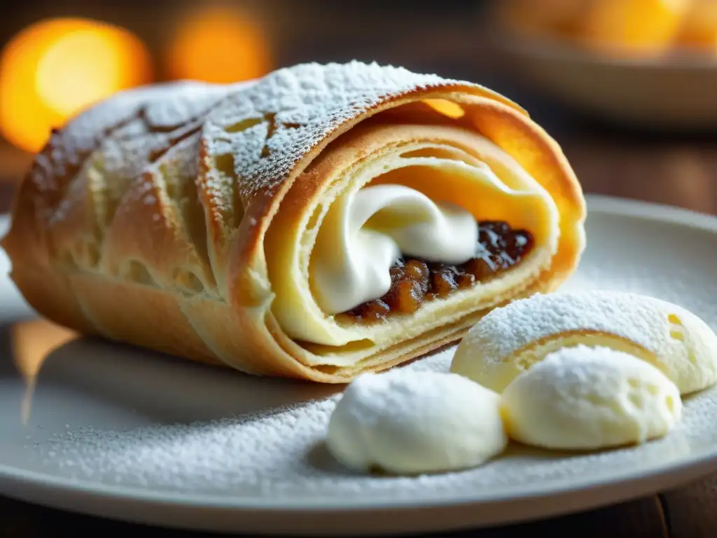 Cómo hacer Cannoli siciliano: Detalle de un Cannoli siciliano relleno de crema de ricotta dulce, con capas de masa crujiente y relleno cremoso