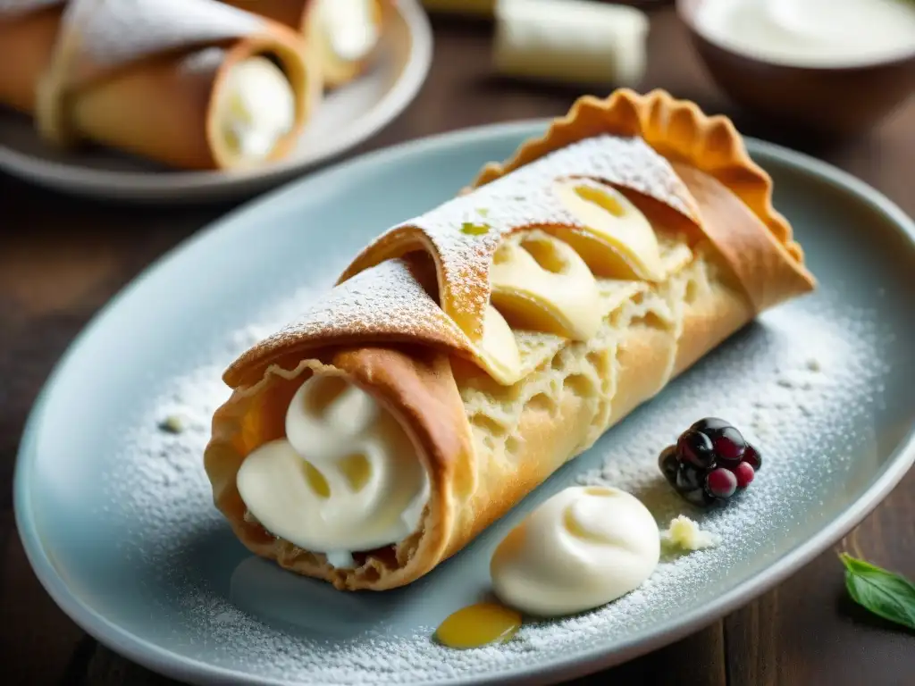 Un cannoli siciliano tradicional siendo rellenado con crema de ricotta, en una pastelería siciliana