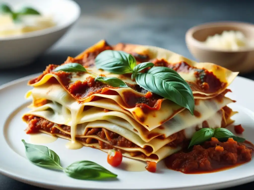 Capas vibrantes de lasaña italiana con salsa de tomate, queso fundido y albahaca fresca