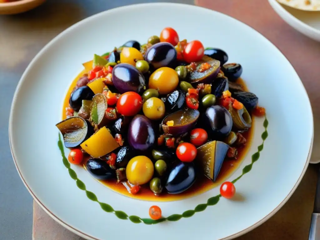 Una Caponata Siciliana receta tradicional, vibrante y colorida en plato cerámico siciliano