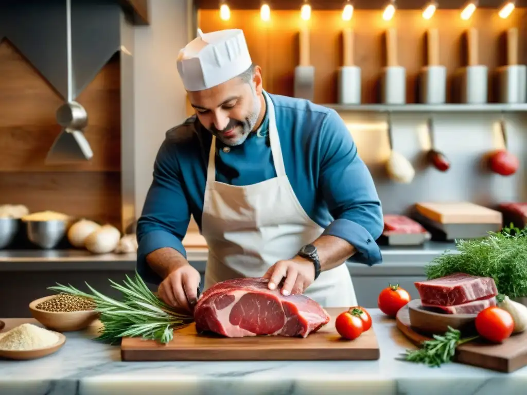 Un carnicero italiano selecciona cortes de carnes éticas en una escena rústica y cálida