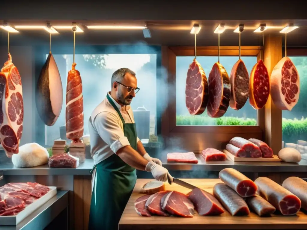 Un carnicero italiano experto cortando carne con precisión, rodeado de embutidos y herramientas tradicionales