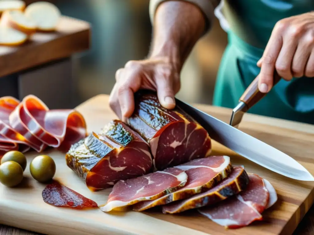 Un carnicero italiano experto cortando carnes y embutidos tradicionales con maestría en una tabla rústica de madera