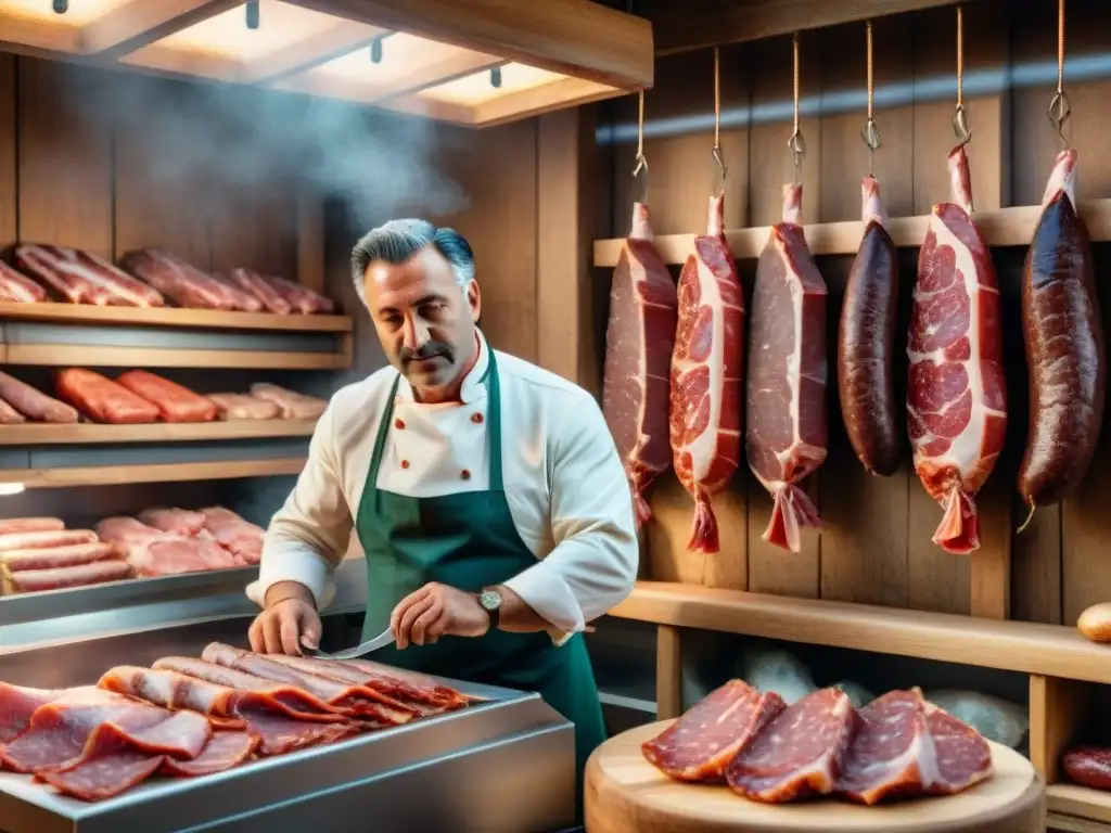 Un carnicero italiano experto cortando prosciutto rodeado de embutidos y carnes tradicionales en una tienda rústica