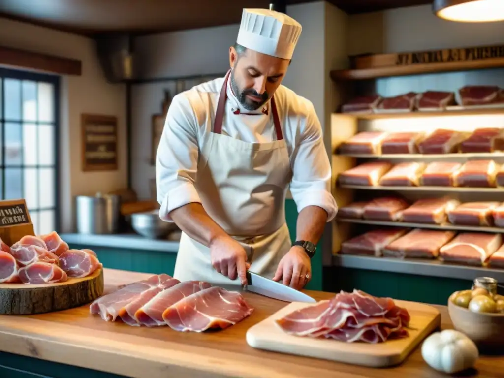 Un carnicero italiano corta prosciutto di Parma en una tienda rústica