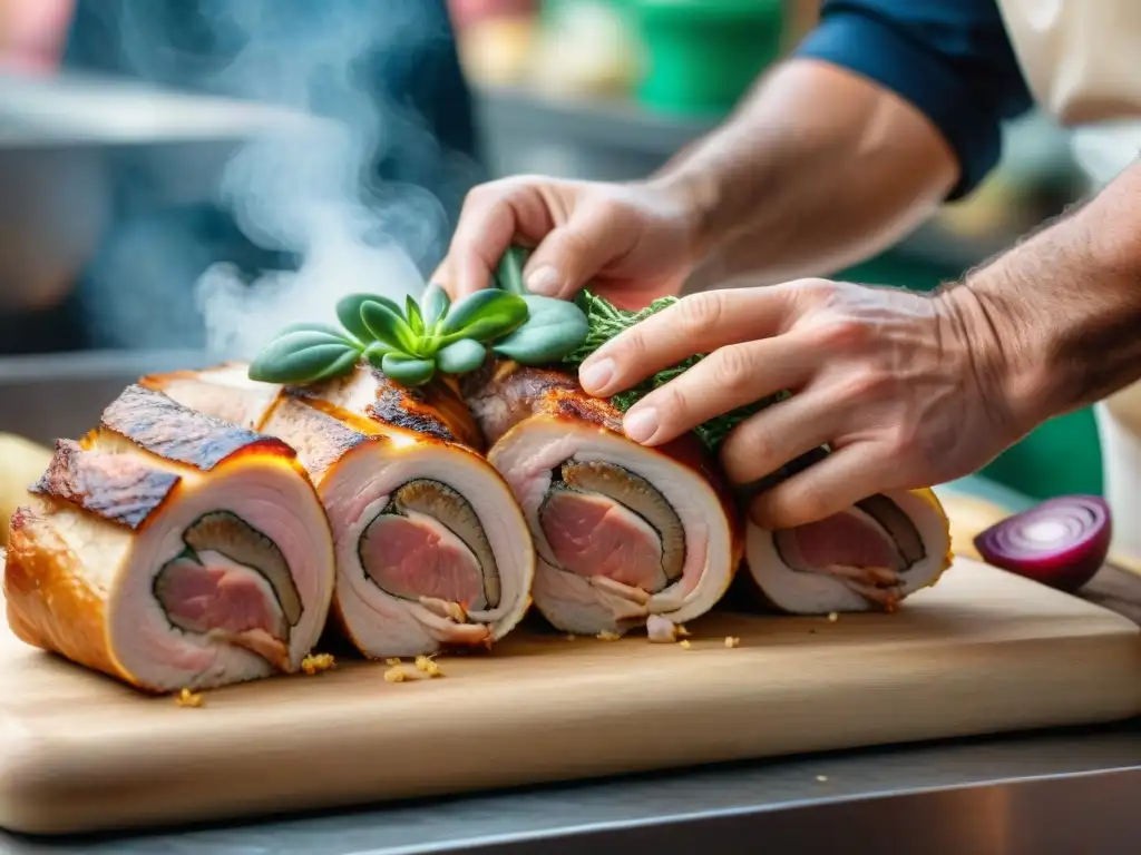 Porchetta di Ariccia tradición Lazio: Maestro carnicero italiano prepara con maestría la suculenta carne en un mercado tradicional italiano