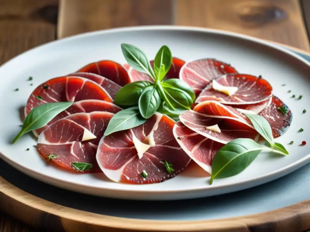 Carpaccio exquisito en plato, con finas lonchas de carne roja, aceite de oliva, rúcula y Parmesano, sobre mesa de madera