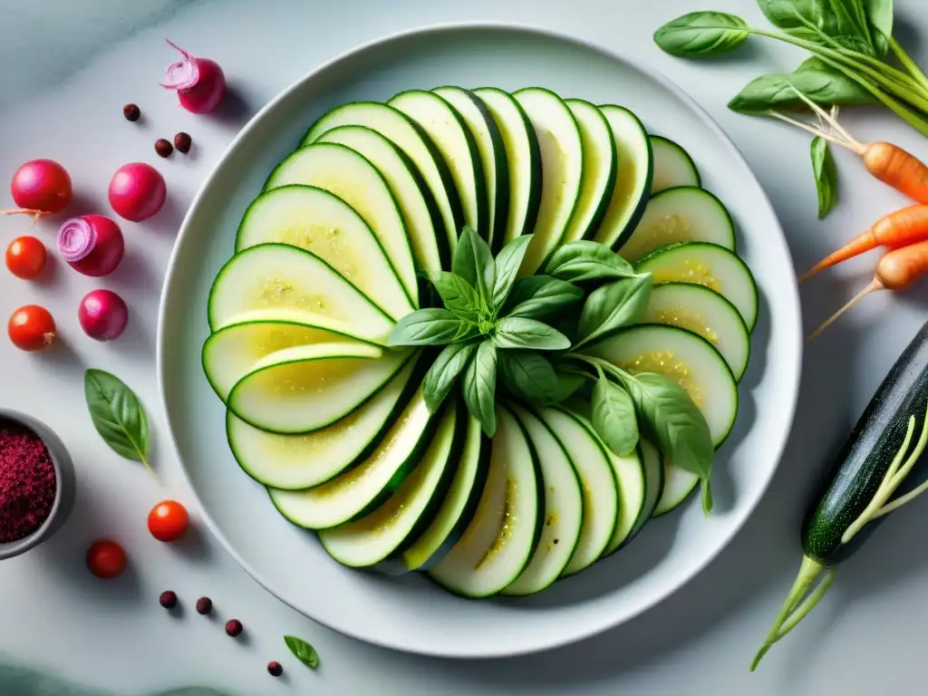 Un carpaccio vegetal receta saludable: finas rodajas de calabacín, zanahorias, remolachas y rábanos, coloridos y frescos en plato blanco