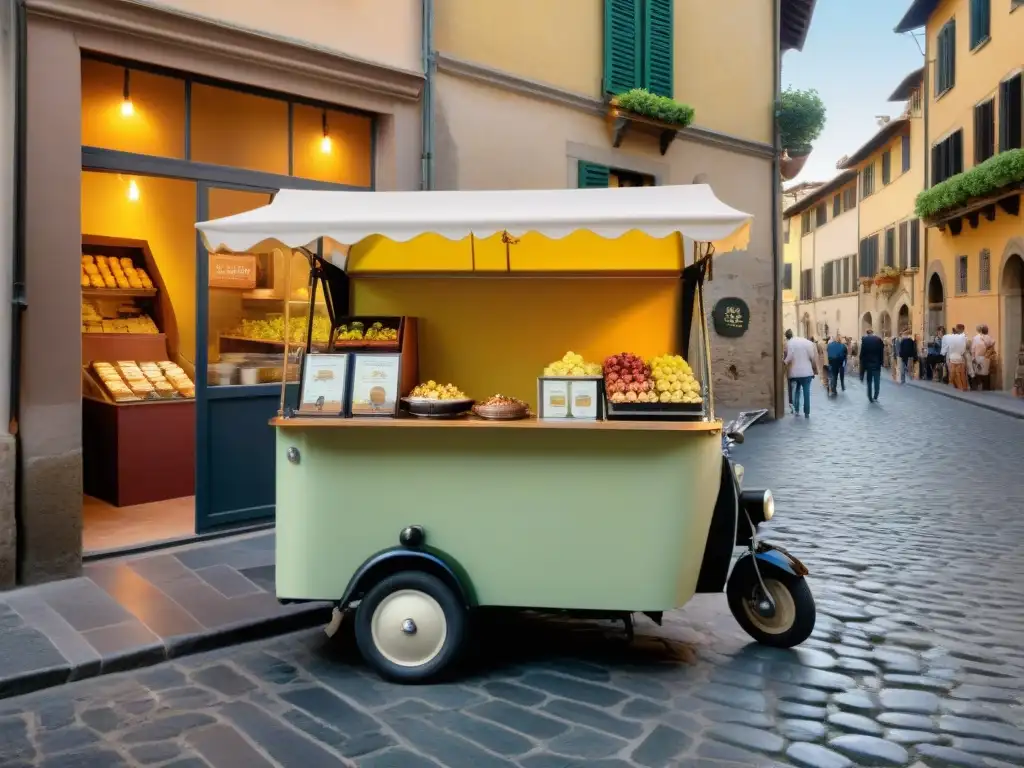 Un carrito de gelato con innovaciones postres italianos deliciosos, en una calle de Florencia