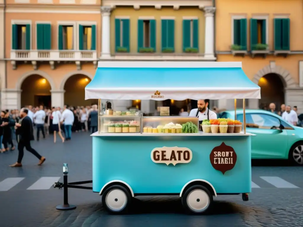 Un carro de gelato en Roma con sorbetes italianos audaces postres helados, rodeado de turistas y locales en un día soleado