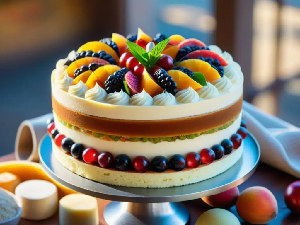 Una cassata siciliana decorada con influencia árabe en un mercado bullicioso, evocando la fusión de sabores y colores en la repostería italiana