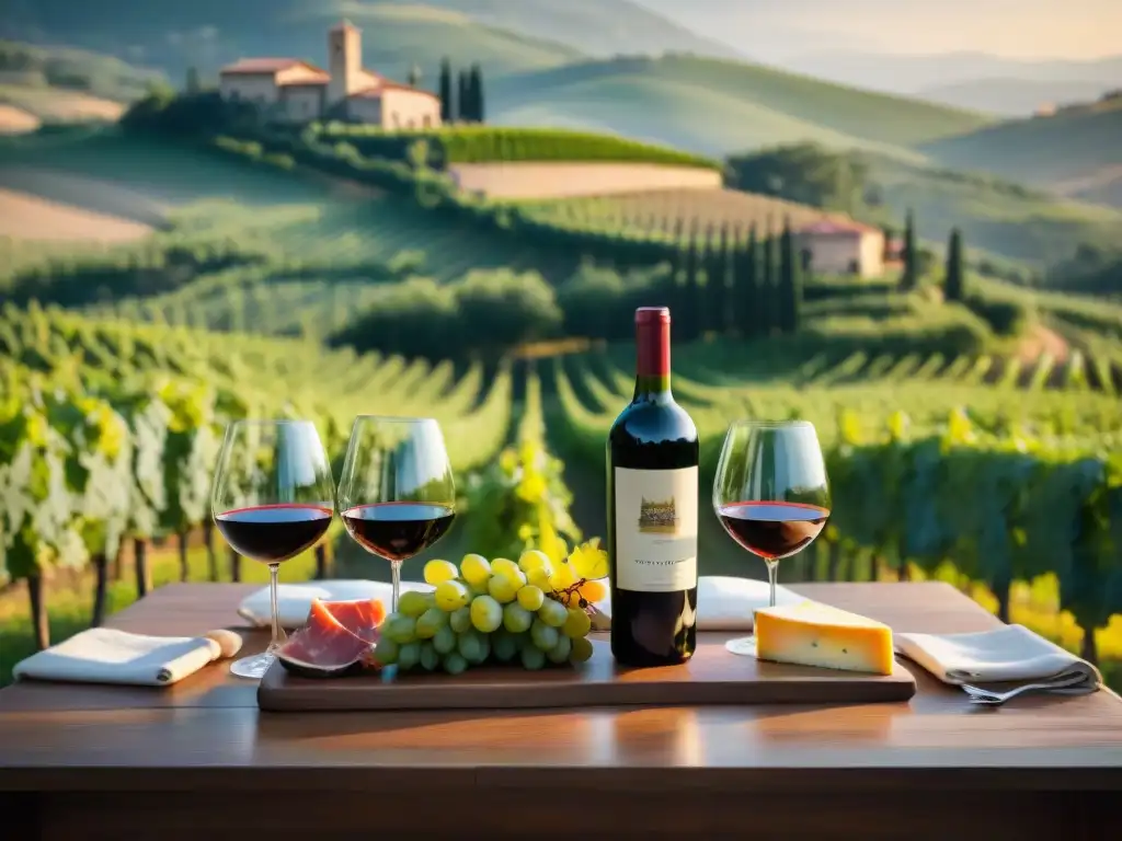 Cata de vinos en agroturismo Italia: viñedo sereno al atardecer en la Toscana, con mesa rústica de vinos y quesos