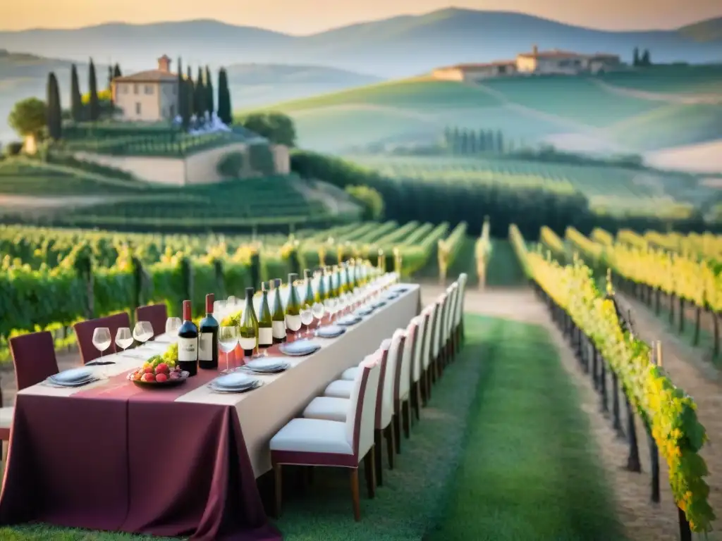 Cata vinos italianos boda en viñedo toscano: mesa elegante, invitados disfrutando del vino y la comida en un entorno romántico y sofisticado