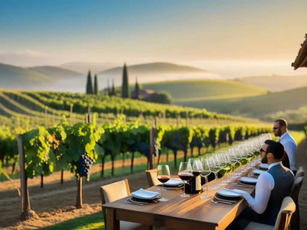 Una catas de vino en viñedos al atardecer, con sommelier, invitados y bodega histórica