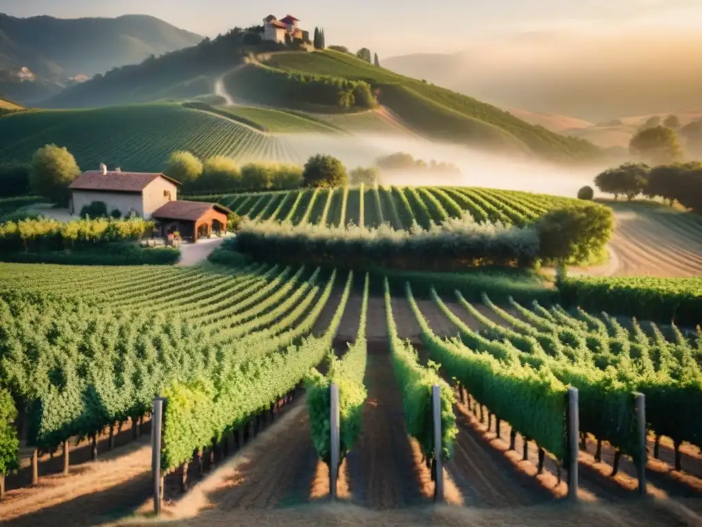 Catas de vino en viñedos: Atardecer dorado sobre viñedos interminables, bodega de piedra y sommeliers en sesión de cata