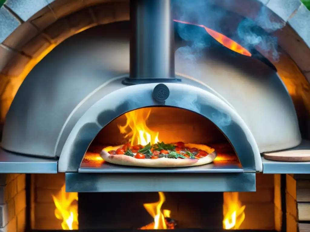 Catering horno de leña italiano: Chef coloca pizza en horno de leña, ambiente cálido y tradicional