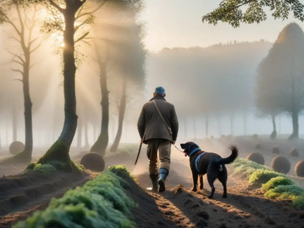 Caza de trufas en Italia: Un cazador y su perro buscan trufas entre neblina en la campiña italiana