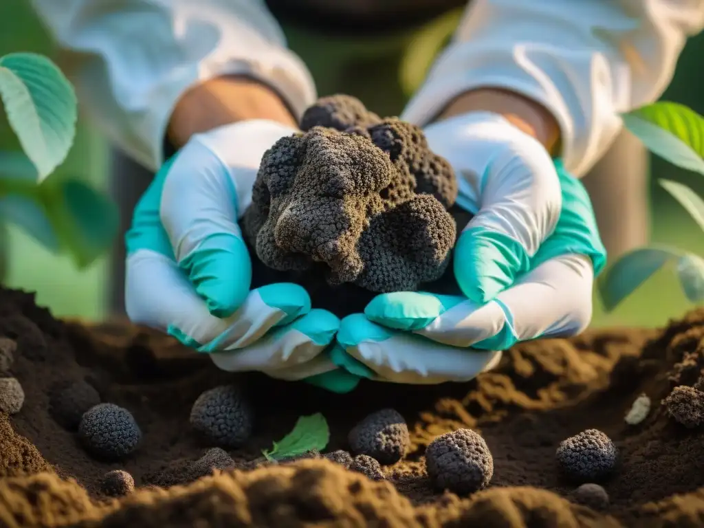 Un cazador de trufas en Italia limpia con cuidado una preciosa trufa negra recién desenterrada, mostrando su patrón marmóreo único