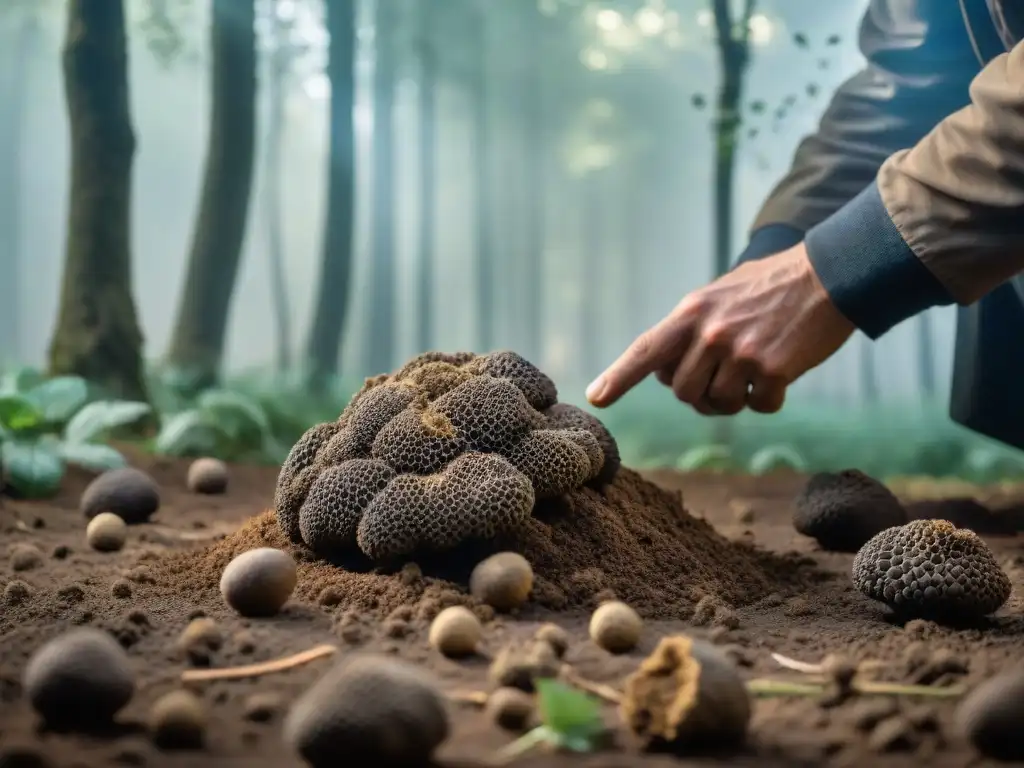 Un cazador de trufas en Umbria extrae con destreza una preciada trufa, envuelto en un bosque de robles y neblina