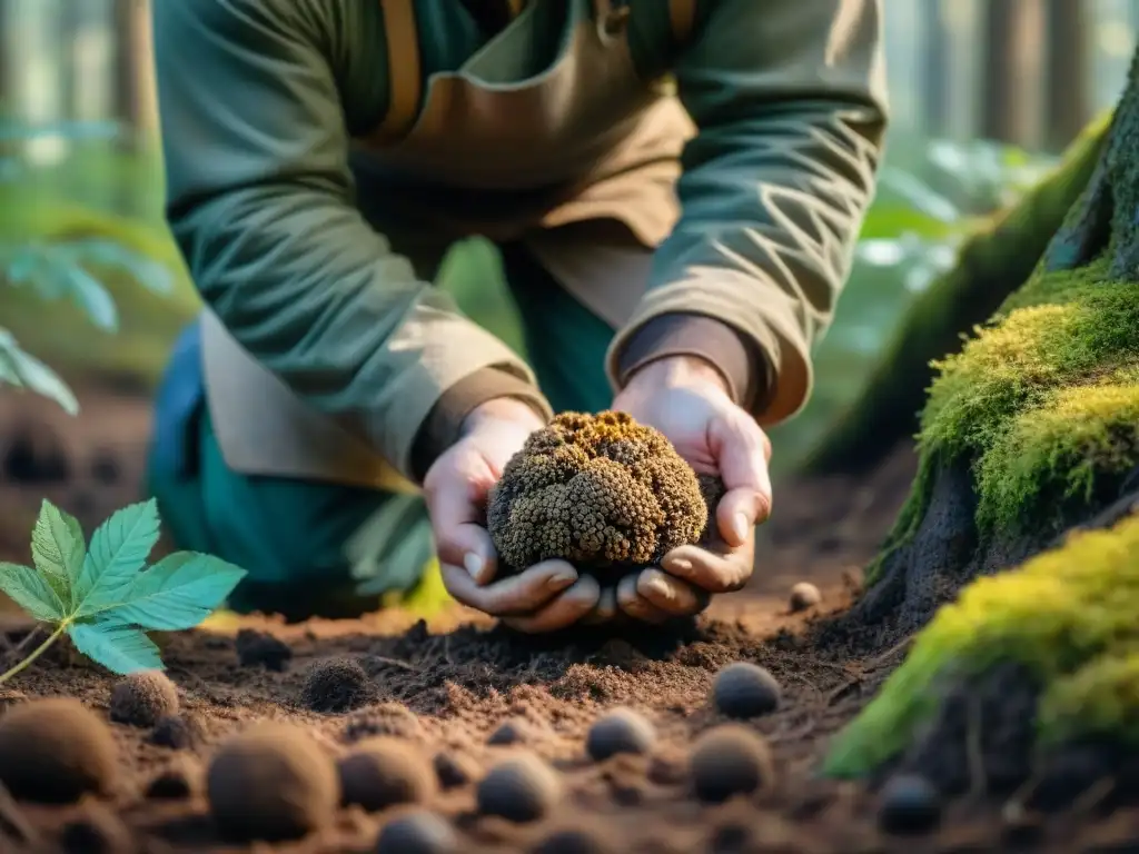 Un cazador de trufas italiano en el bosque, desenterrando una trufa con su perro entrenado