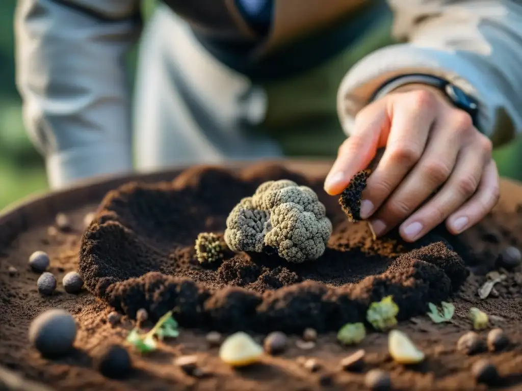 Un cazador de trufas italiano examina con cuidado una trufa negra recién desenterrada