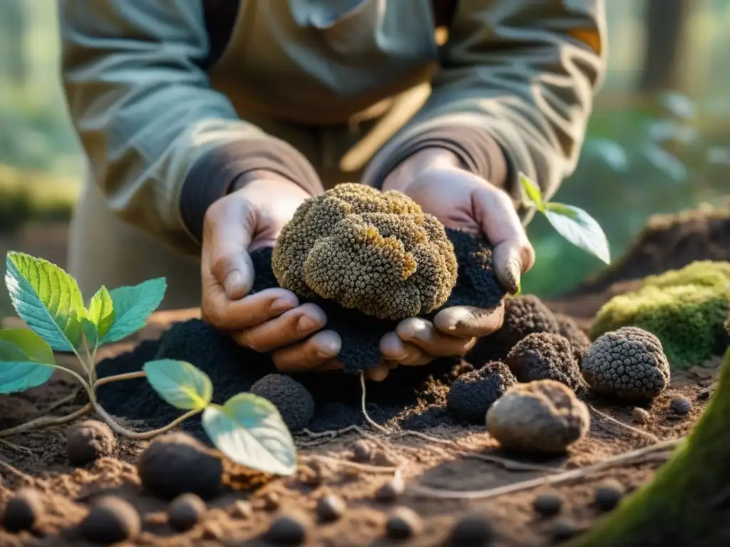 Un cazador de trufas italiano extrae con cuidado una preciada trufa negra en un bosque de Toscana