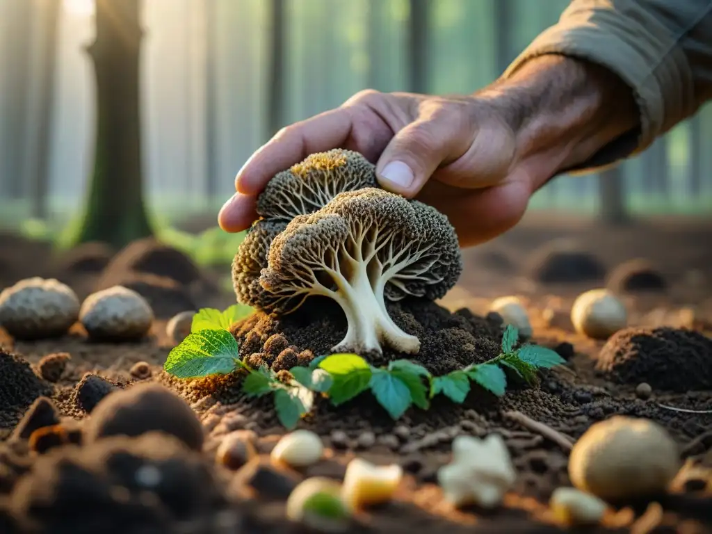 Un cazador de trufas italiano experto acaricia con cuidado una preciada trufa blanca recién desenterrada en los bosques de Umbría