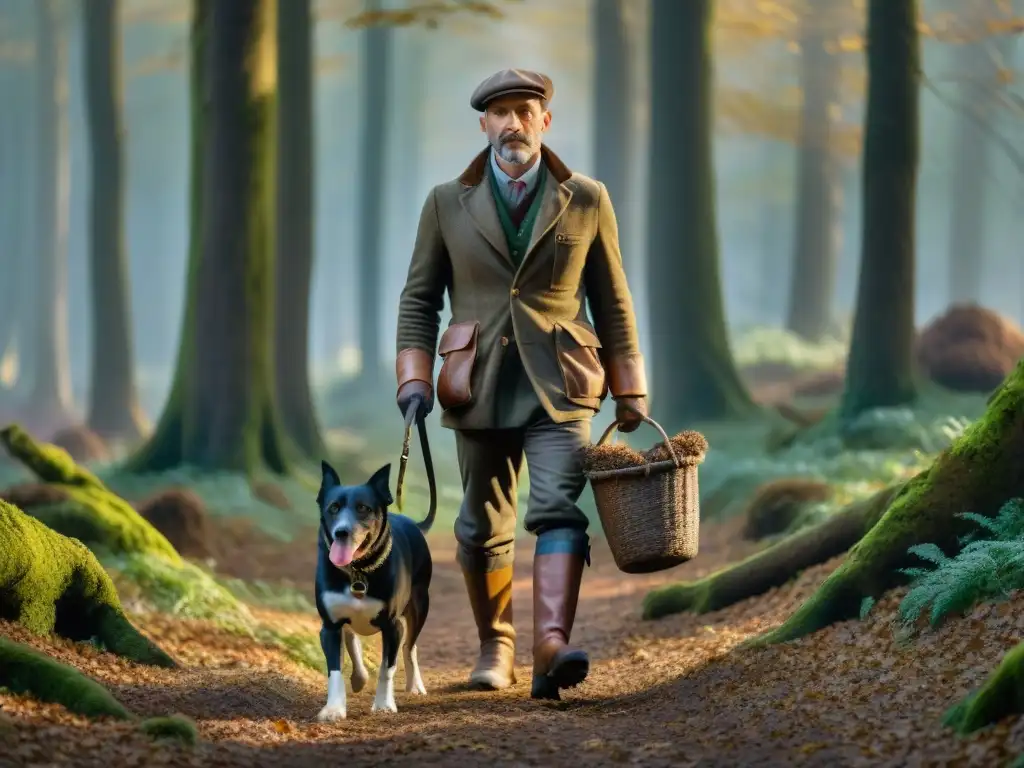 Un cazador de trufas italiano entrena a su perro entre la niebla en un antiguo bosque de robles, en el cultivo tradicional de trufas en Italia