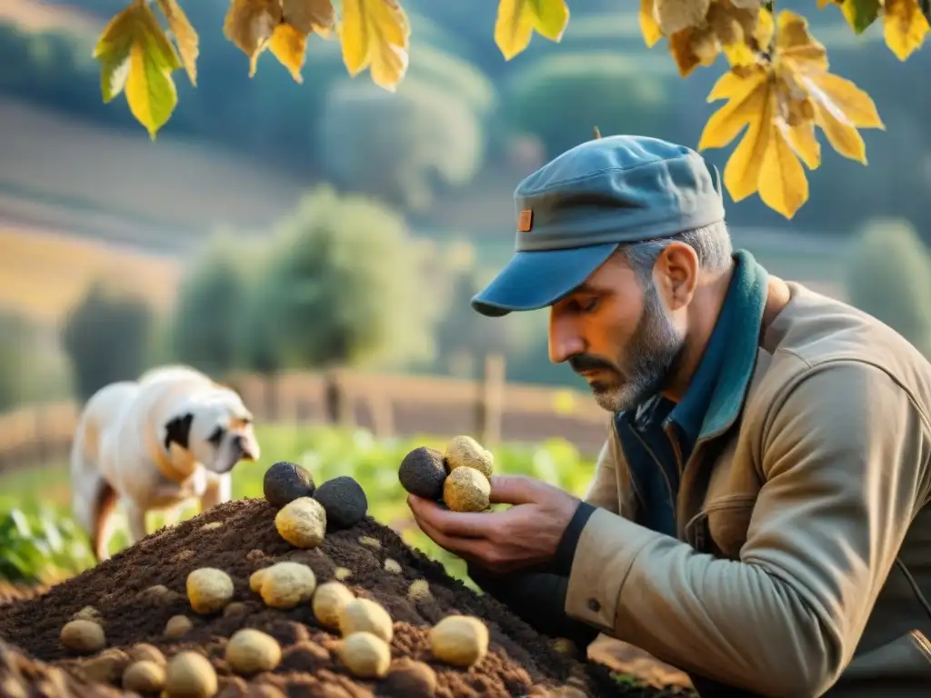 Cazador de trufas italiano desentierra un raro hongo blanco en un campo de trufas en Toscana al amanecer