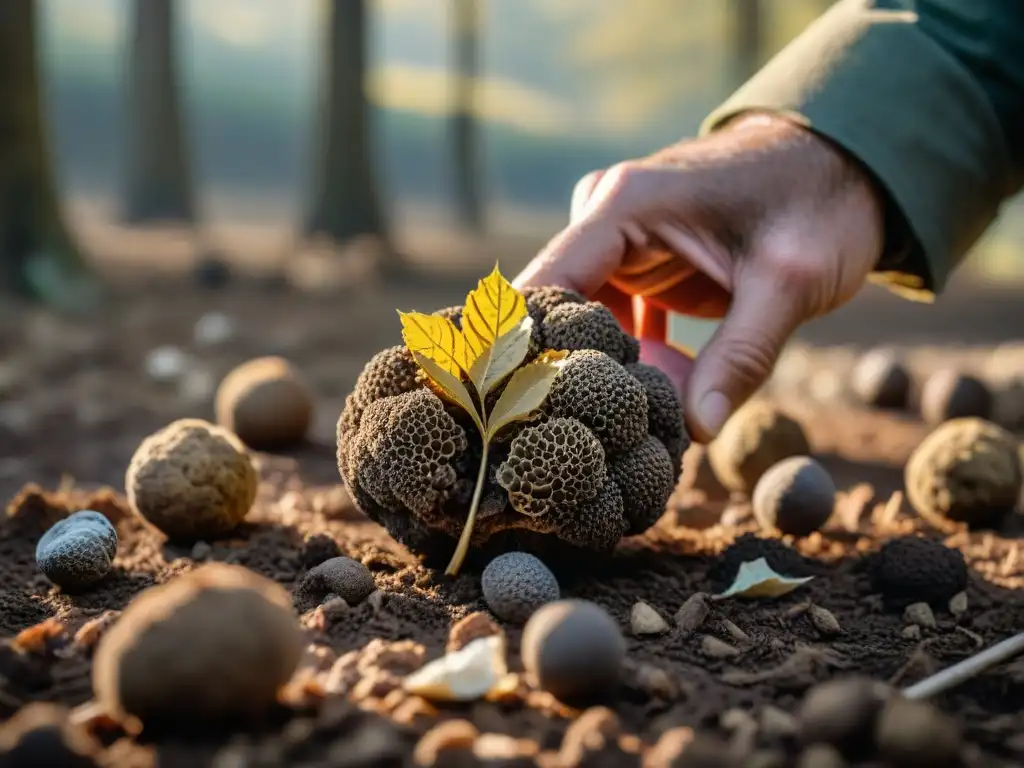 Un cazador de trufas en Italia desentierra una preciada trufa de verano y otoño en el bosque, bajo la luz filtrada del sol