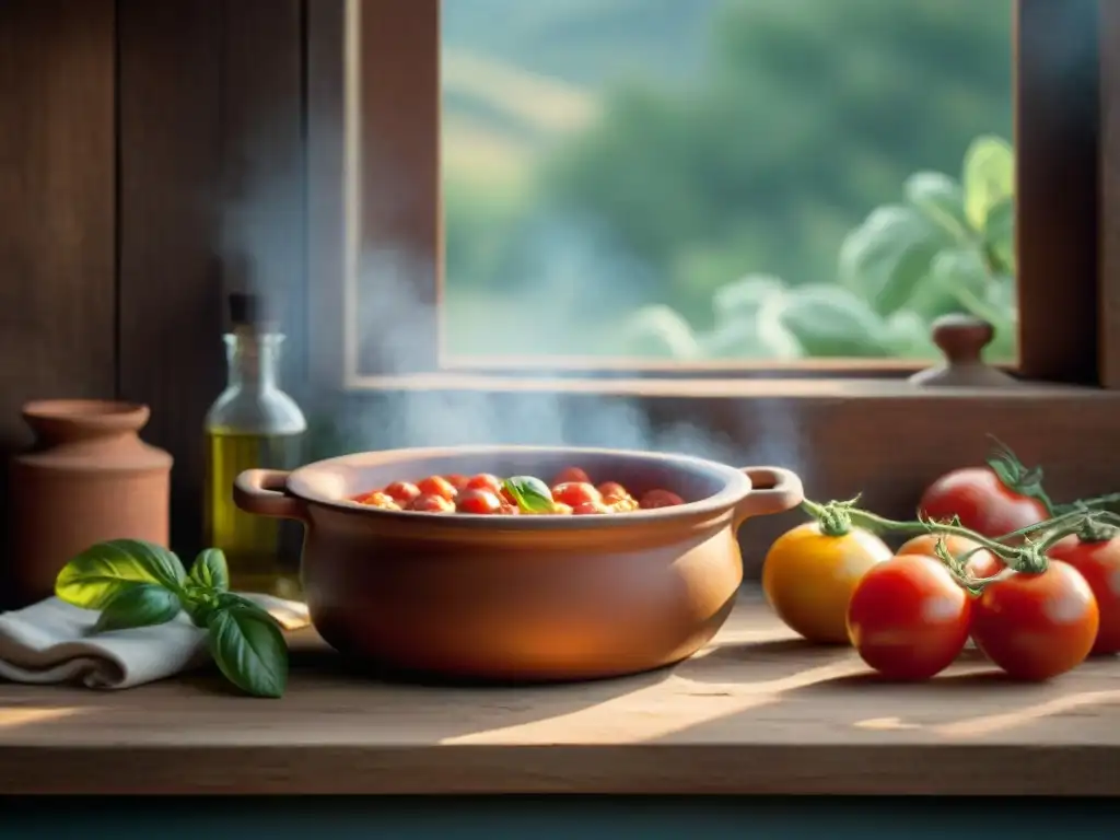 Una cazuela de terracota en una cocina toscana rústica con tomates frescos, albahaca, aceite de oliva y utensilios de madera