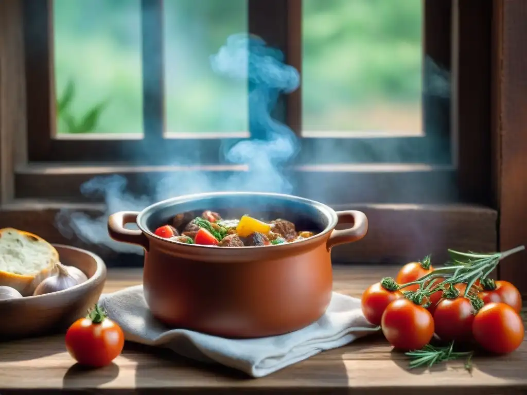 Una cazuela de terracota en una cocina toscana, llena de un guiso burbujeante rodeado de ingredientes frescos